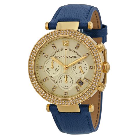 Michael Kors Parker Ladies Gold Blue Leather Watch MK2280 